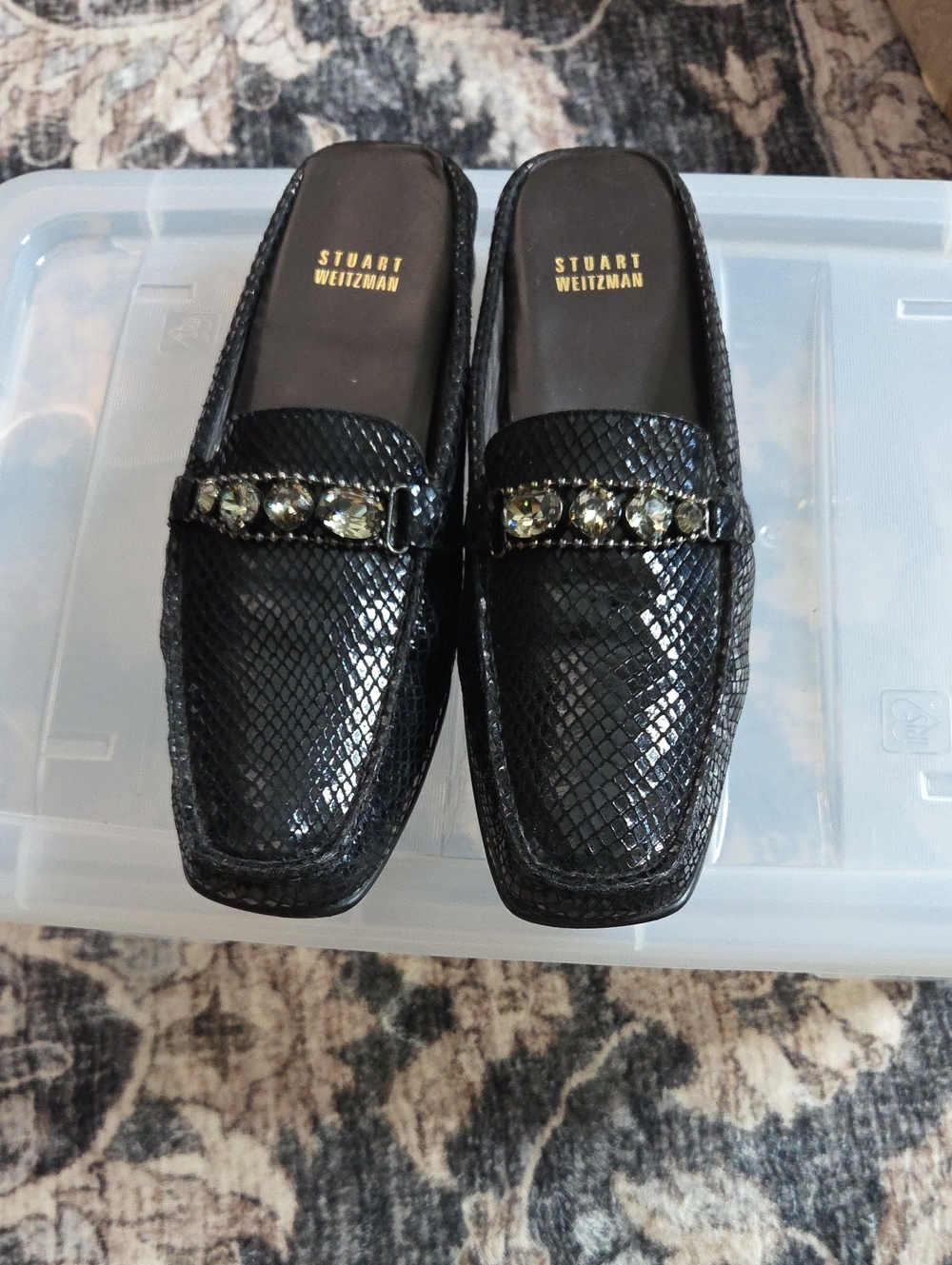 Stuart Weitzman Black Snake Skin Embossed Loafers with Crystal Strap